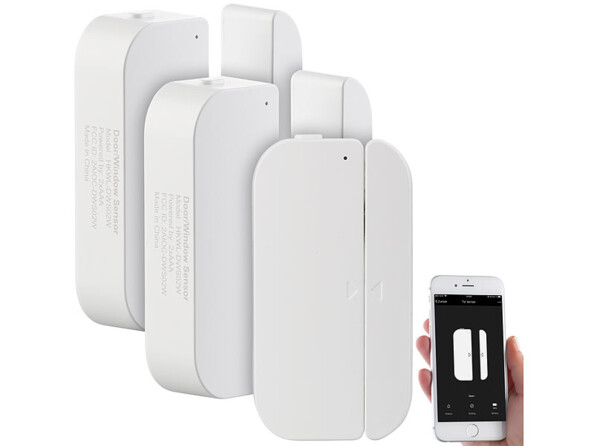 3 déclencheurs d'alarme XMD-102.app en 2 parties, pour fenêtre ou porte, de la marque Luminea Home Control