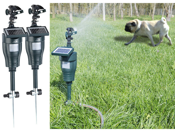 repousse chats chiens rongeurs annimaux avec jet d'eau declenchement automatique detecteur de mouvements et panneau solaire royal gardineer