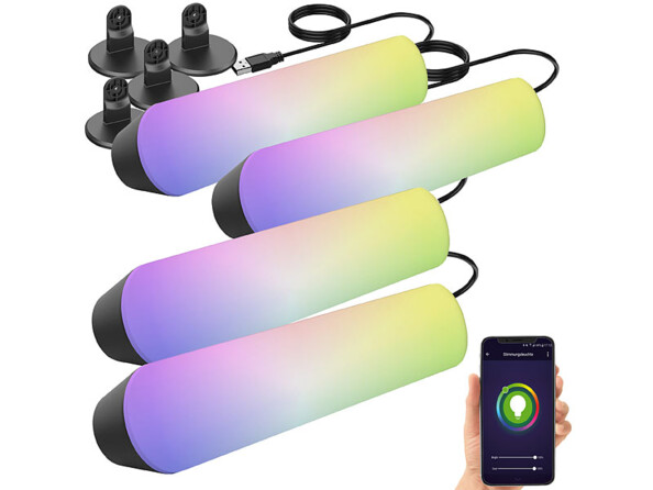 Lot de 4 lampes d'ambiance USB à LED RVB CCT connectées par application mobile.