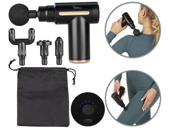 pistolet de massage sans fil 4 embouts avec mises en situation