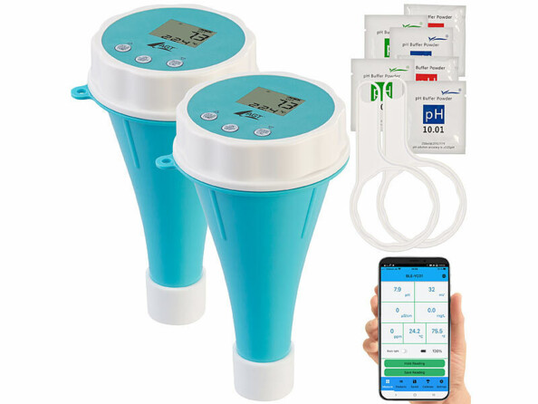 Pack de 2 testeurs d'eau de la marque AGT avec 6 poudres de calibrage (pH 4,00 / 7,00 / 10,01), 2 outils pour ouvrir et fermer le boîtier, 2 caches de protection des capteurs et mode d’emploi en français