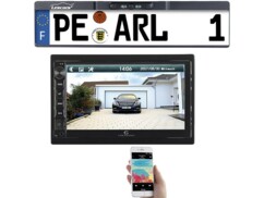 Caméra de recul sans fil pour support de plaque d'immatriculation avec autoradio CAS4445.bt pour affichage des images sur grand écran couleur.