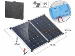 Panneau solaire pliable 160 W vue posé sur ses Béquilles rabattables avec cote et vue arrière.