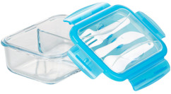 boite de conservation en verre double compartiment avec couverts en plastique dans couvercle
