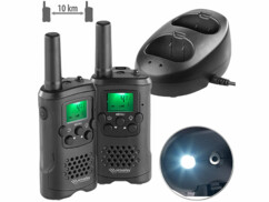 Vue du kit radio, sa station de charge.et de la lampe de poche à LED intégrée.