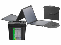 Pack avec batterie LiFePO4, câble de chargement (Anderson vers compatible MC4), panneau solaire pliable, câble DC, câble avec extrémité dénudée et modes d'emploi en françai