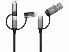 Câble de chargement 14 W et transfert USB-A/C vers USB-C/Micro-USB/Lightning vue des connecteurs