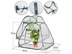 Pack de 2 serres pop-up avec 8 sardines et mode d’emploi en français avec dimensions annotées, pot de fleur à l'intérieur et 3 gros plans sur la porte enroulable