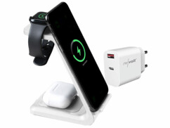 Pack avec station de chargement 3 en 1, câble de chargement USB (USB-A vers USB-C), chargeur secteur et modes d'emploi en français