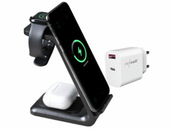 Pack avec station de chargement 3 en 1, câble de chargement USB (USB-A vers USB-C), chargeur secteur et modes d'emploi en français