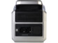 Arrière de l'accumulateur et onduleur solaire HSG-1280 avec 2 prises 230 V, 1 prise de branchement en parallèle pour seconde batterie, interrupteur ON/OFF et poignée sur le dessus de l'appareil au boîtier gris alu et noir