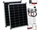 Pack avec régulateur de charge MPPT-90.app, 2 panneaux solaires avec câble 5 m (compatible MC4), 4 câbles adaptateurs en Y (compatibles MC4), câble pour module solaire, câble pour batterie (cosse M6) vers régulateur et 8 supports en Z pour module solaire